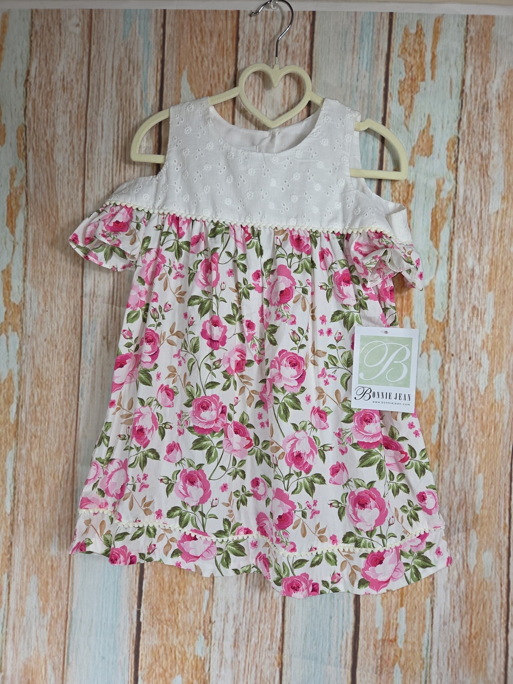 Bonnie Jean Eyelet Top Pink Floral Cold-Shoulder Dress. 100% Cotton. Size 6x